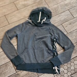 Blue Hoodie with Distressed Lace-Up Side Detail Size Large